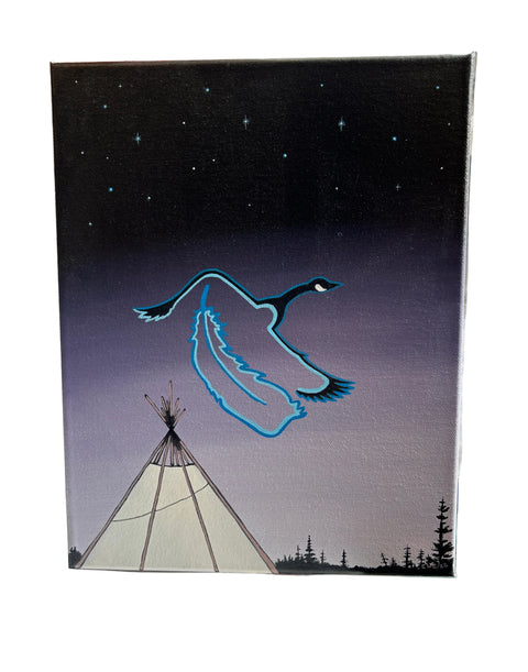 11" X 14" GEESE PAINTING EDDY CROMARTY MIDNIGHT FLYING GOOSE/TEEPEE TREES