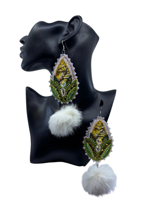 Large Beaded Earrings - Pom Poms