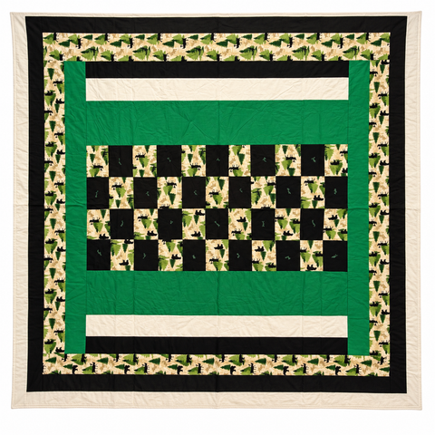 Green, black and ivory quilt with moose and bear forest print checkerboard, Sandra Mianscum