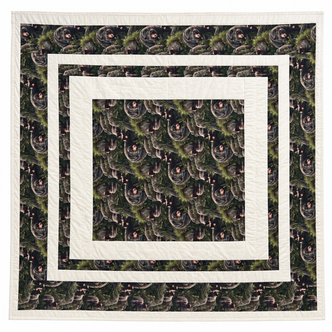 Black bear forest print quilt with nested ivory borders, Sandra Mianscum