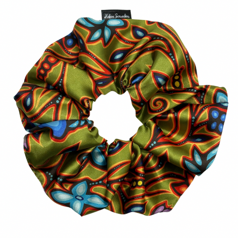 XL green satin floral scrunchie