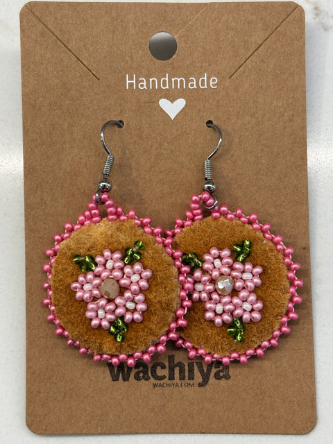 Round Cree Floral Beaded Moosehide Earrings (1")