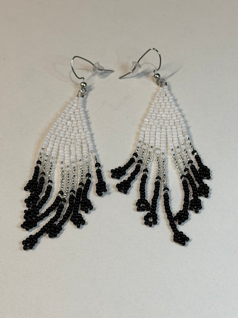 Black & White Beaded Fringe Earrings – 4”