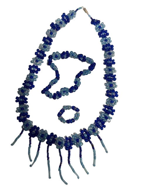 Blue Beaded Necklace Set – Necklace, Bracelet & Ring