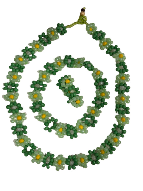 Green Meadow Beaded Jewelry Set – Necklace, Bracelet & Ring