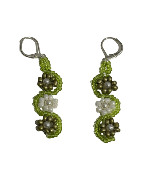 Green Wave Beaded Earrings – Handmade Floral Design