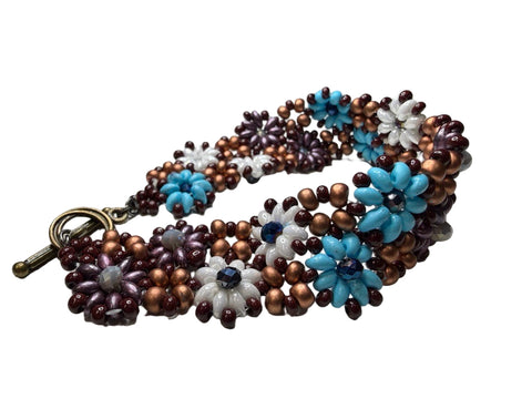 Beaded Flower Bracelet – Copper, Turquoise & Plum Series