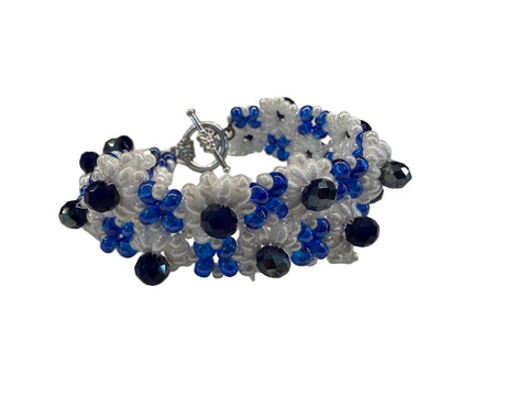 Beaded Flower Bracelet – Blue, White & Midnight Crystal Series