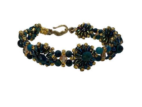 Beaded Flower Bracelet – Teal, Gold & Stone Series