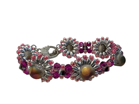 Beaded Flower Bracelet – Silver & Fuchsia Crystal Series