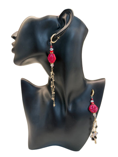 Statement Rose & Crystal Drop Earrings – Red, Gold & Black Series