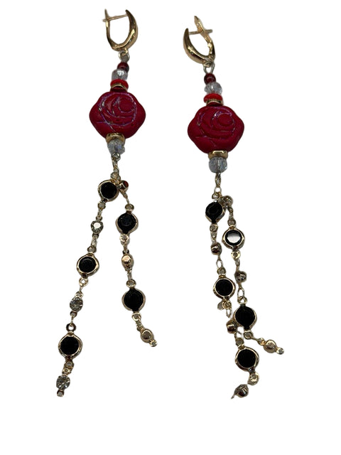 Statement Rose & Crystal Drop Earrings – Red, Gold & Black Series