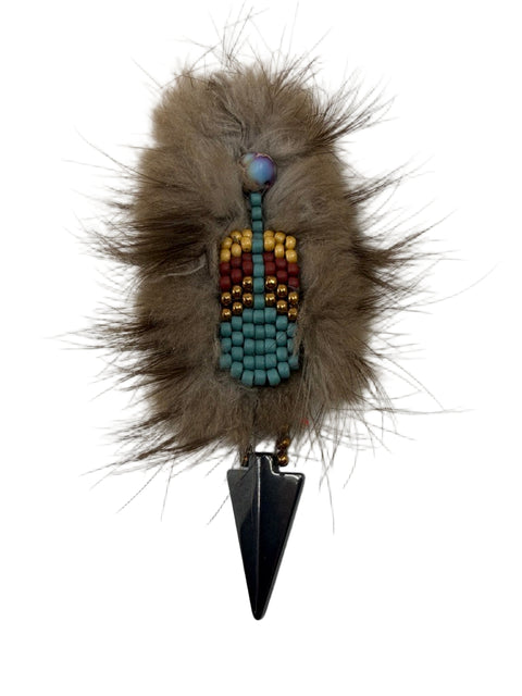 Amskuuyan (Beaver Fur) Brooch – Beaded Feather & Hematite Arrowhead