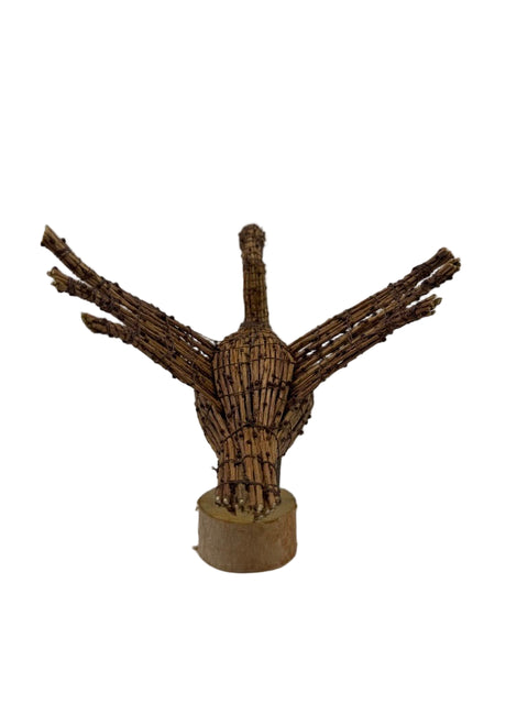 Handcrafted Standing Tamarack Bird – Open Wings (Birch Base)