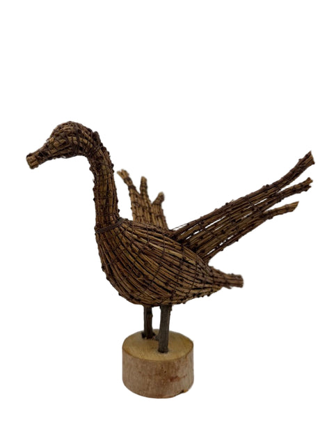 Handcrafted Standing Tamarack Bird – Open Wings (Birch Base)