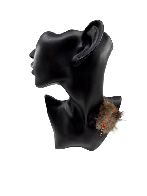 Beaver Fur & Moosehide Beaded Brooch — Labradorite, Carnelian & Abalone