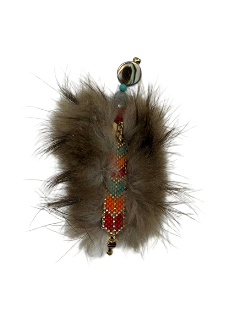 Beaver Fur & Moosehide Beaded Brooch — Labradorite, Carnelian & Abalone