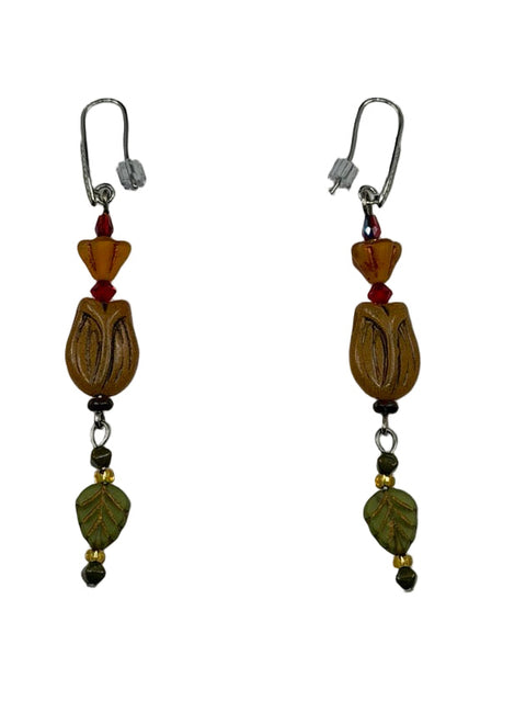 Golden Woodland Drop Earrings – Czech Glass Leaves & Amber Tones