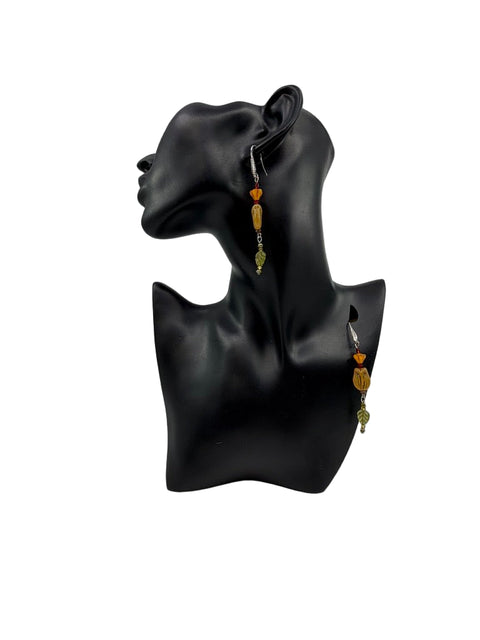 Golden Woodland Drop Earrings – Czech Glass Leaves & Amber Tones