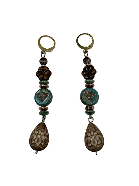 Earthy Floral Czech Glass & Stone Drop Earrings