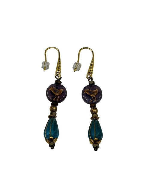 Bird Coin & Teal Glass Drop Earrings – Czech Glass, Gold Hooks