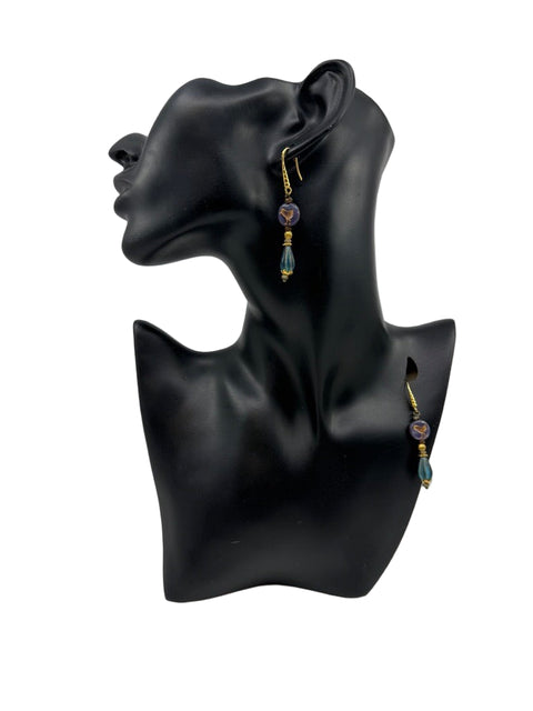 Bird Coin & Teal Glass Drop Earrings – Czech Glass, Gold Hooks