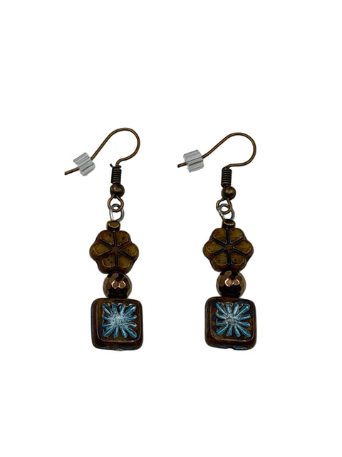 Czech Floral Square Drop Earrings — Copper & Blue Accent Design