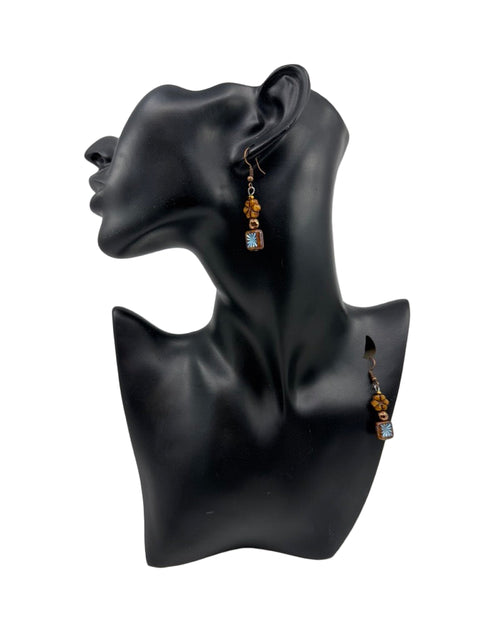 Czech Floral Square Drop Earrings — Copper & Blue Accent Design