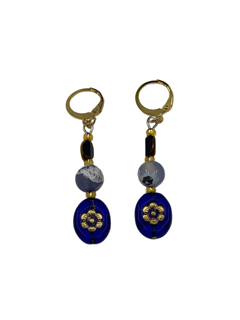 Sapphire Czech Flower & Stone Earrings
