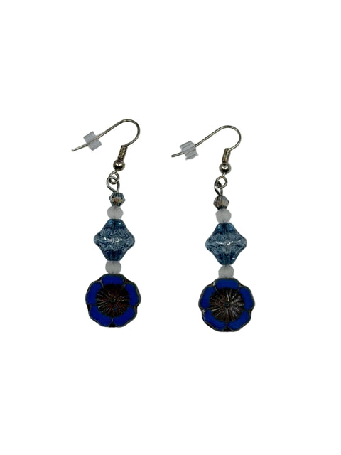 Czech Blue Flower & Crystal Drop Earrings