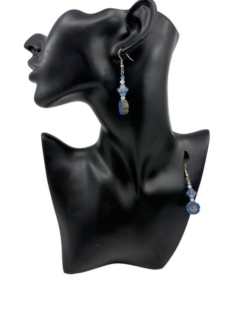 Czech Blue Flower & Crystal Drop Earrings