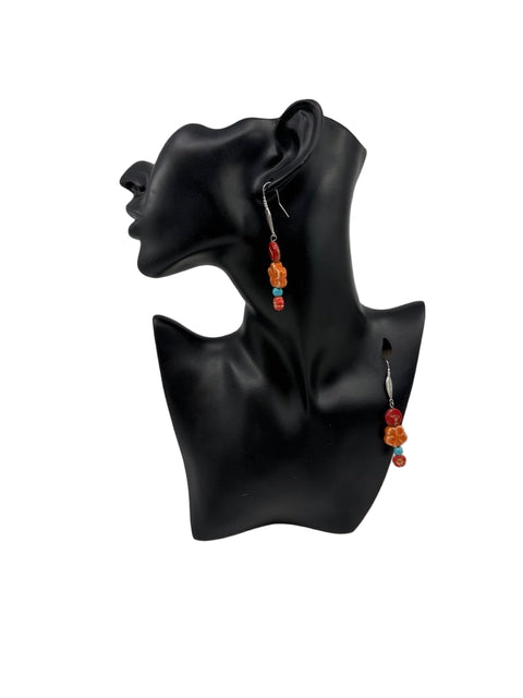 Bird & Blossom Earrings – Ceramic Flower, Turquoise Bead, Coral Accent