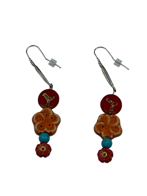 Bird & Blossom Earrings – Ceramic Flower, Turquoise Bead, Coral Accent