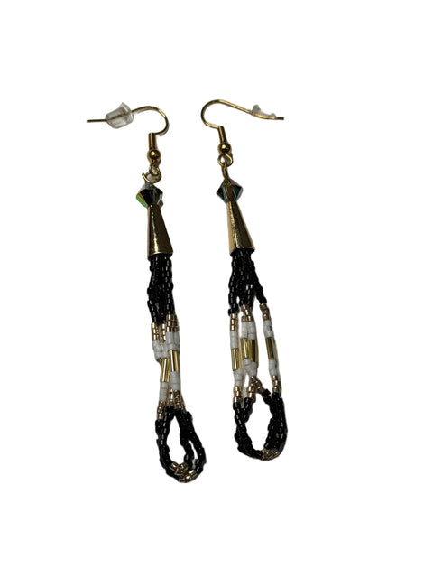 Beaded Loop Earrings – Black, White & Gold