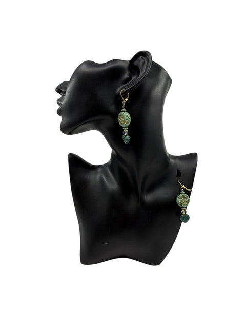 Large Leaf Earrings with Stone Beads & Gold Hooks