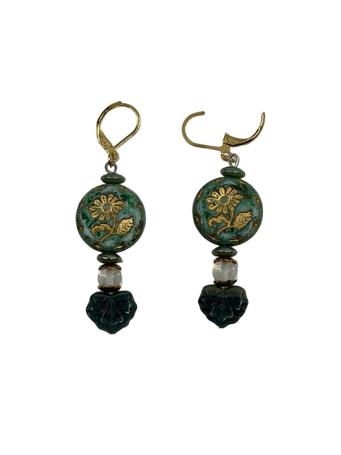 Large Leaf Earrings with Stone Beads & Gold Hooks