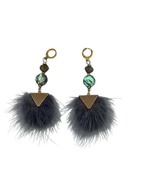 Grey Fur Drop Earrings with Labradorite & Abalone Shell