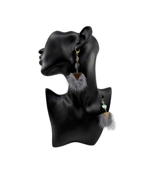 Grey Fur Drop Earrings with Labradorite & Abalone Shell