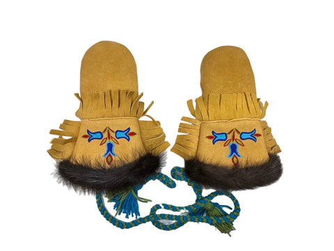 Tanned Moosehide Mittens with Beaver Fur Trim & Floral Embroidery – by Evadney Edwards