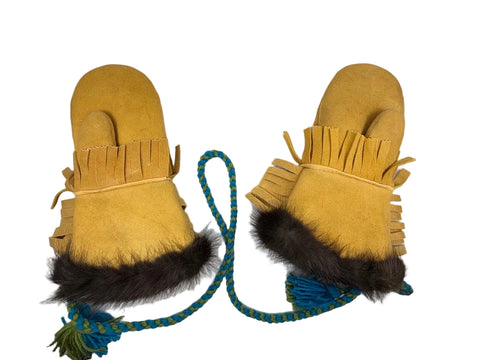Tanned Moosehide Mittens with Beaver Fur Trim & Floral Embroidery – by Evadney Edwards