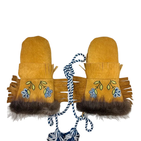 Men’s Tanned Moosehide Gauntlet Mittens with Front Floral Embroidery