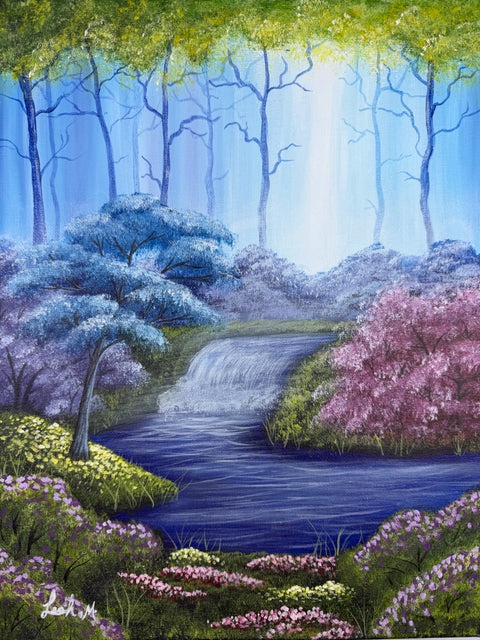 Forest Waterfall Landscape Painting (11 × 14)