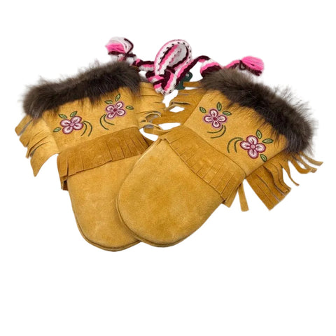 Women’s Tanned Moosehide Mittens with Floral Embroidery