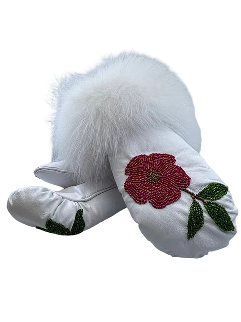 White Cowhide Mittens with Floral Beadwork & Fox Fur