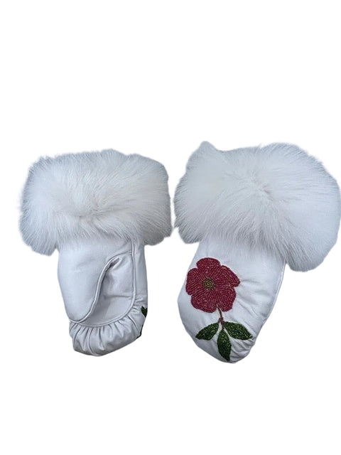 White Cowhide Mittens with Floral Beadwork & Fox Fur
