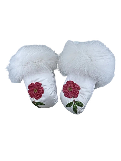 White Cowhide Mittens with Floral Beadwork & Fox Fur