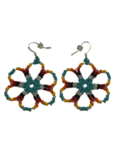 Six-Petal Beaded Flower Earrings – Medicine Wheel Accents