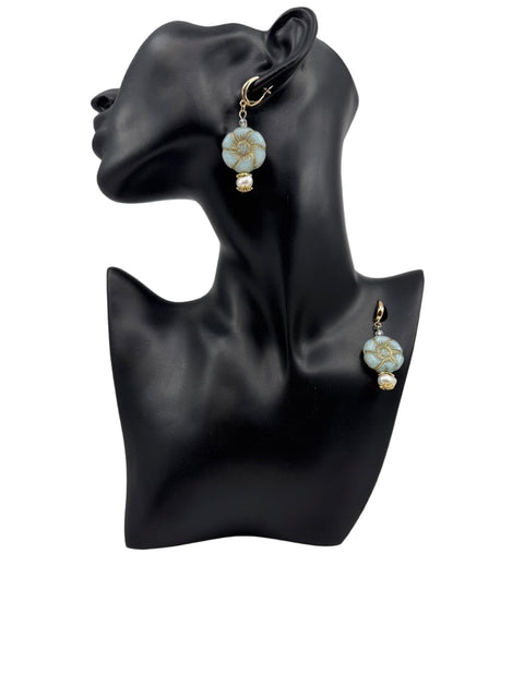 Floral Crystal & Pearl Drop Earrings – Sky Blue & Gold Series