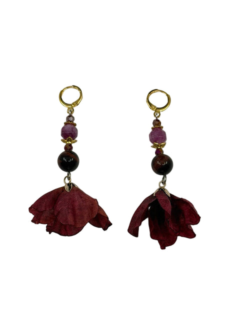 Floral Tassel Earrings – Red Tiger’s Eye, Czech Tulips & Red-Gold Glass