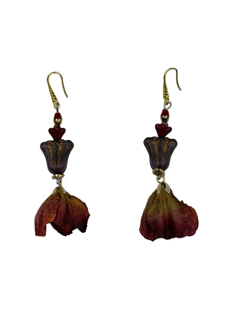 Floral Tassel Earrings – Red Tiger’s Eye, Czech Tulips & Red-Gold Glass